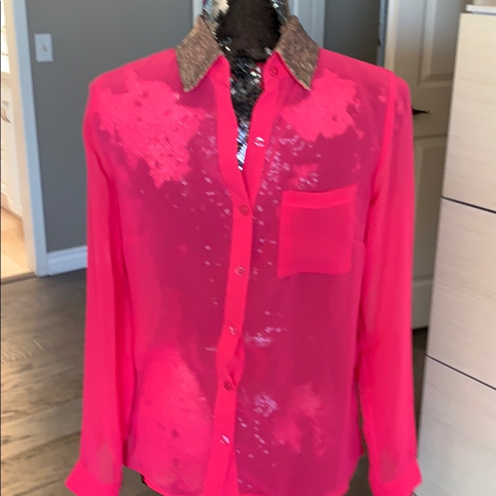 Beautiful sheer pink blouse with sequined collar